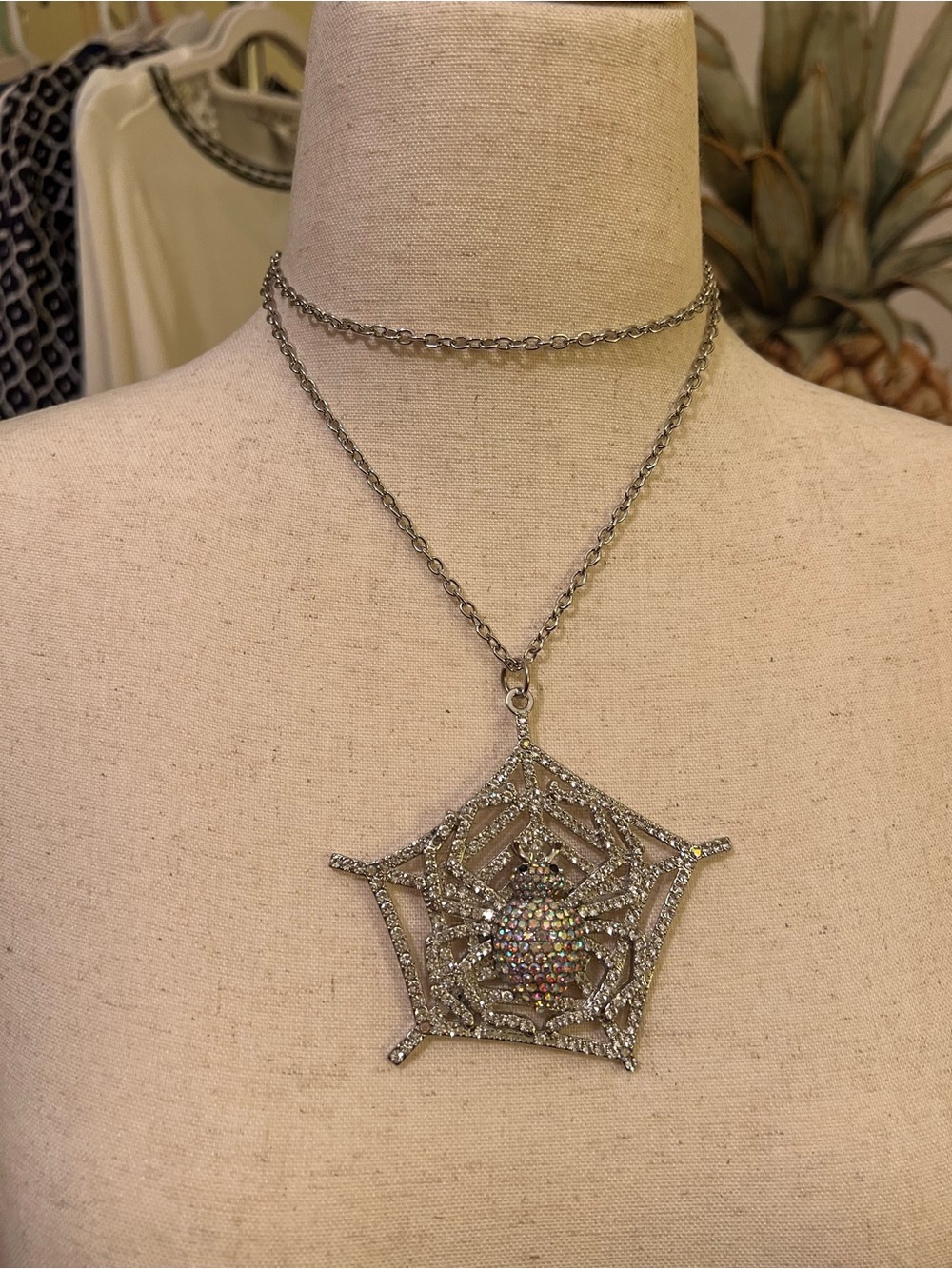 Rhinestone Spider Web Pendant Necklace - Silver Tone and AB Crystals